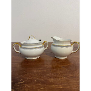 Vintage Lefton China Sugar Bowl Creamer Set #108 Gold Trim Greek Key Japan